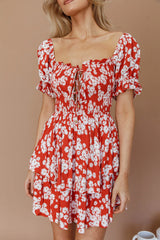 Buongiorno Bella Shirred Lace Up Mini Dress Floral Red