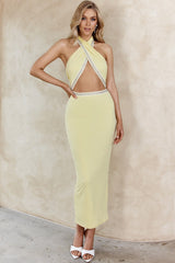 Vanna Diamante Trim Halterneck Dress Lemon