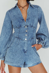 South Beach Long Sleeve Collared Romper Denim