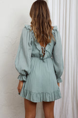 Hooked On A Feeling Long Sleeve String Tie Back Mini Dress Sage