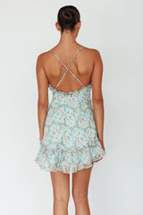 Match Maker Criss-Cross Back Frill Trim Dress Floral Print Blue Multi
