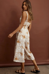 Magdalene Frill Strap Midi Jumpsuit Vintage Floral Tan
