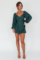It's Complicated Long Sleeve Flounce Romper Forest Green
