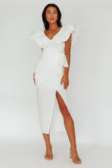 Kahlo Ruffle Neckline Wrap Midi Dress White