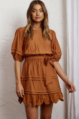 Laiken Waist Tie Pintuck Dress Tan