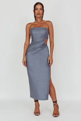 Taking Bets Strapless Midi Dress Leather Midnight Blue