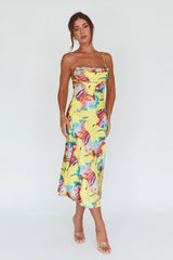 Well Versed Pleated Bust Front Split Dress Leaf Print Yellow