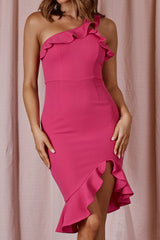 Over The Rainbow One-Shoulder Ruffle Trimmed Knee Length Dress Berry