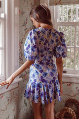 Jemilia Cut-Out Bust Flounce Mini Dress Floral Blue