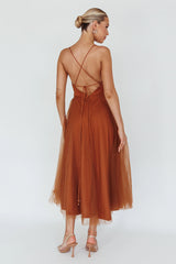 Floating By Pleated Neckline Mesh Midi Dress Brown