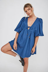New Haven Puff Sleeve Swing Dress Indigo
