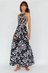 Cyndi Open Back Halterneck Maxi Dress Floral Black