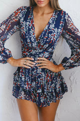 Maddox Fit & Flare Long Sleeve Romper Floral Vine Navy