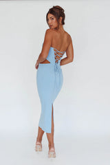 Dragonfly Lace-up Back Midi Dress Blue