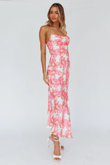 Well Versed Pleated Bust Front Split Dress Flowers Pink