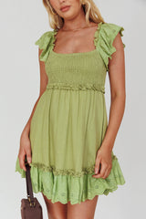 Bay Breeze Frill Shoulder Shirred Bodice Dress Olive