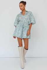 Tiki Puff Sleeve Drawstring Romper Print Sage