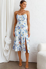 Linka Cami Strap Split Midi Dress Floral Blue