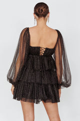 Spring Morning Long Sleeve Tiered Mini Dress Black/Gold