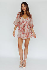 First Light Puff Sleeve Elasticated Waist Romper Floral Print Rose