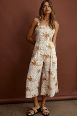 Magdalene Frill Strap Midi Jumpsuit Vintage Floral Tan