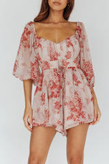 First Light Puff Sleeve Elasticated Waist Romper Floral Print Rose
