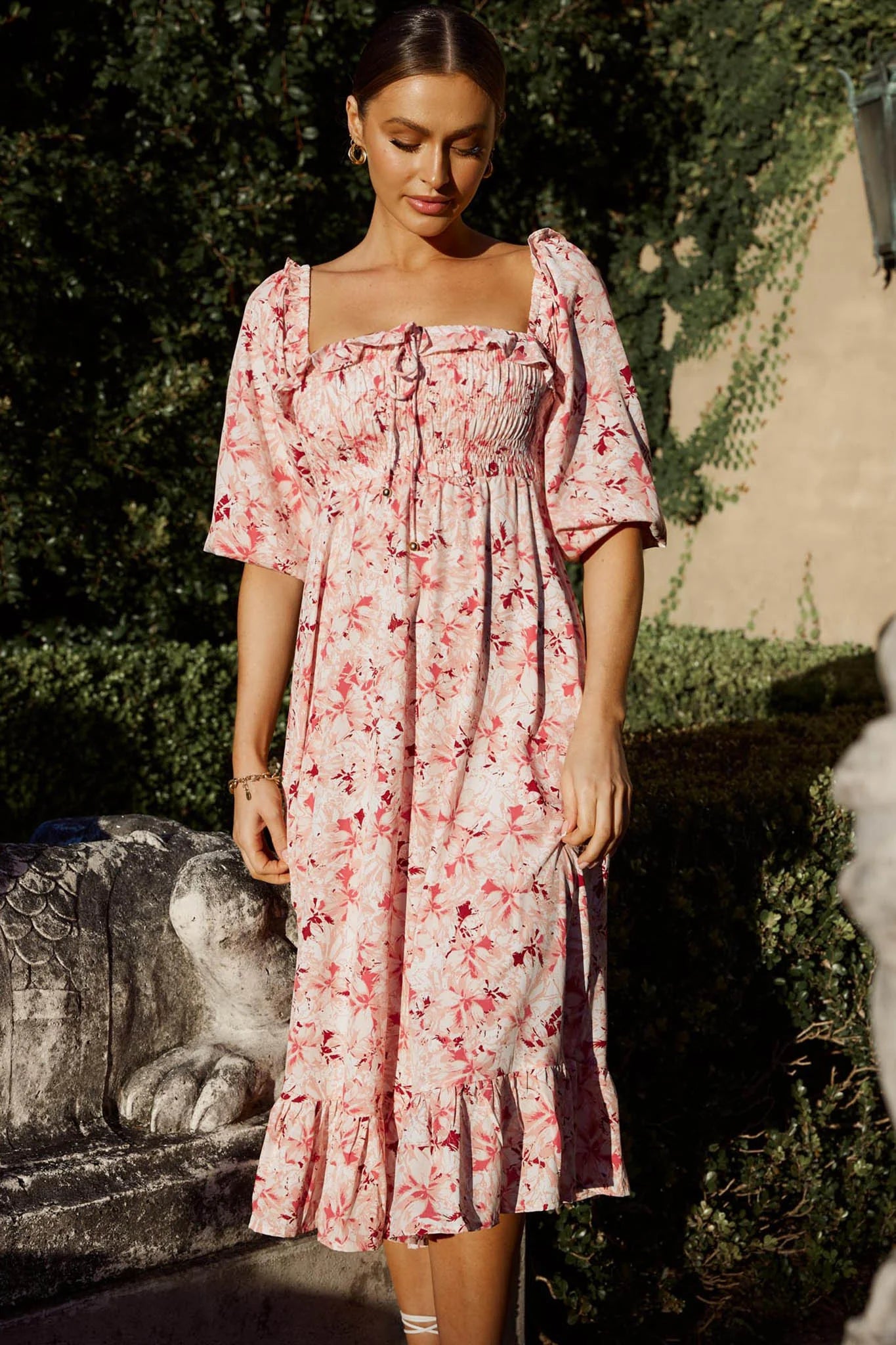Flynn Balloon Sleeve Shirred Midi Dress Floral Pink