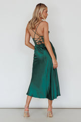 Golden Era Cowl Neck Lace Waist Midi Dress Jade