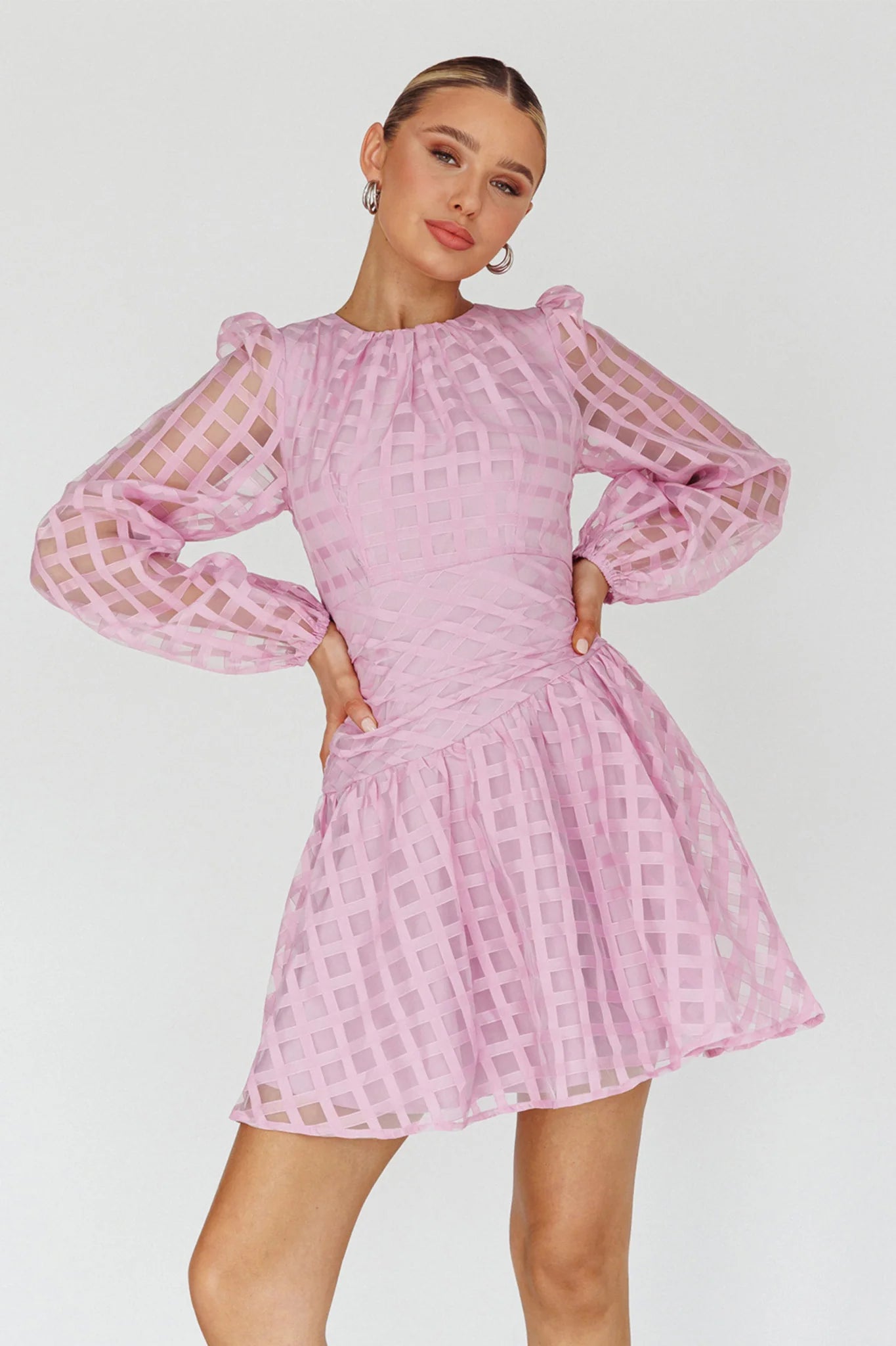 Tatiana Long Sleeve Plaid Mini Dress Lilac