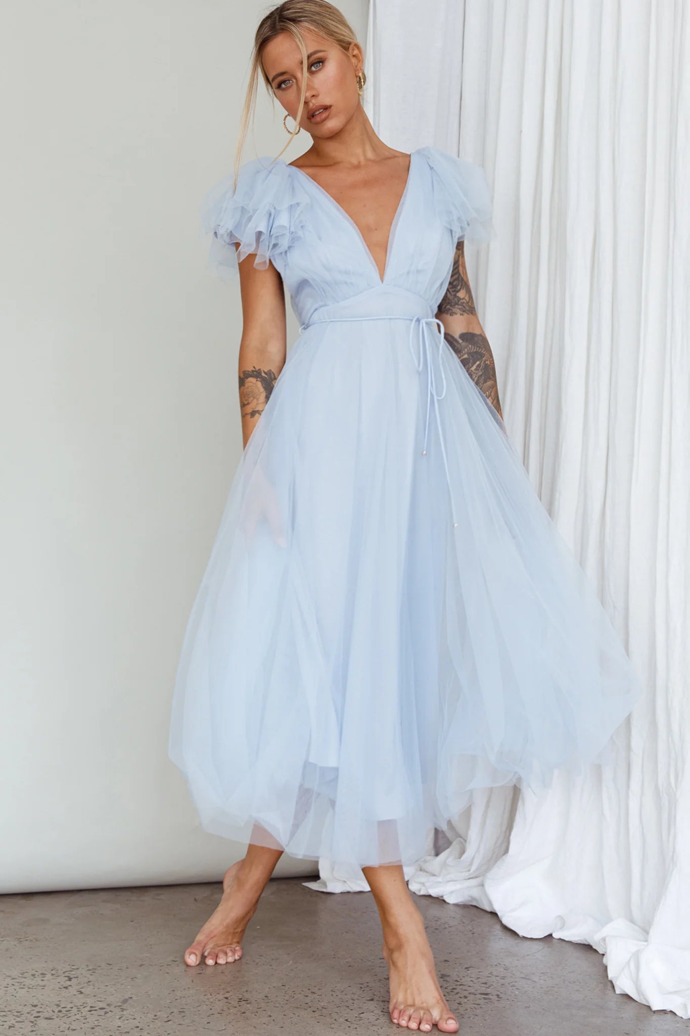 Leap Of Faith Frill Shoulder Tulle Midi Dress Blue