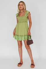 Bay Breeze Frill Shoulder Shirred Bodice Dress Olive