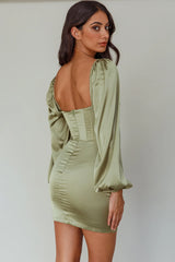 Au Revoir Long Sleeve Satin Mini Dress Sage