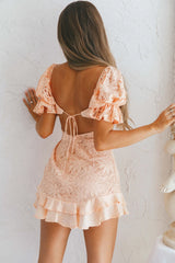 Georgia Peach Puff Sleeve Double Frill Hem Lace Dress Peach