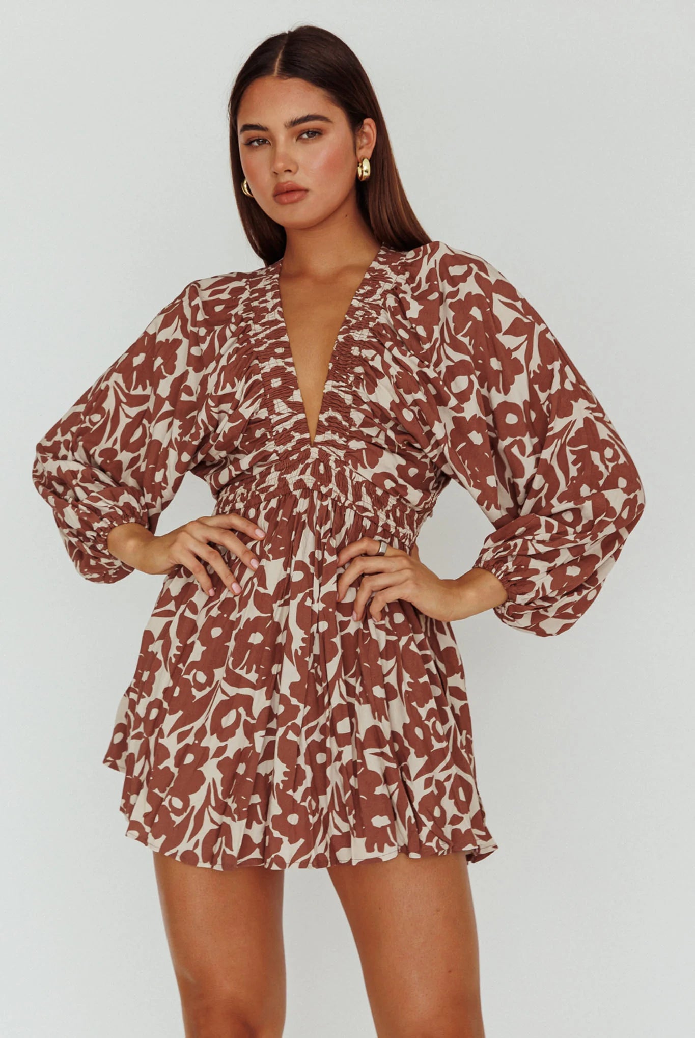 Going Your Way Long Sleeve Mini Dress Floral Brown