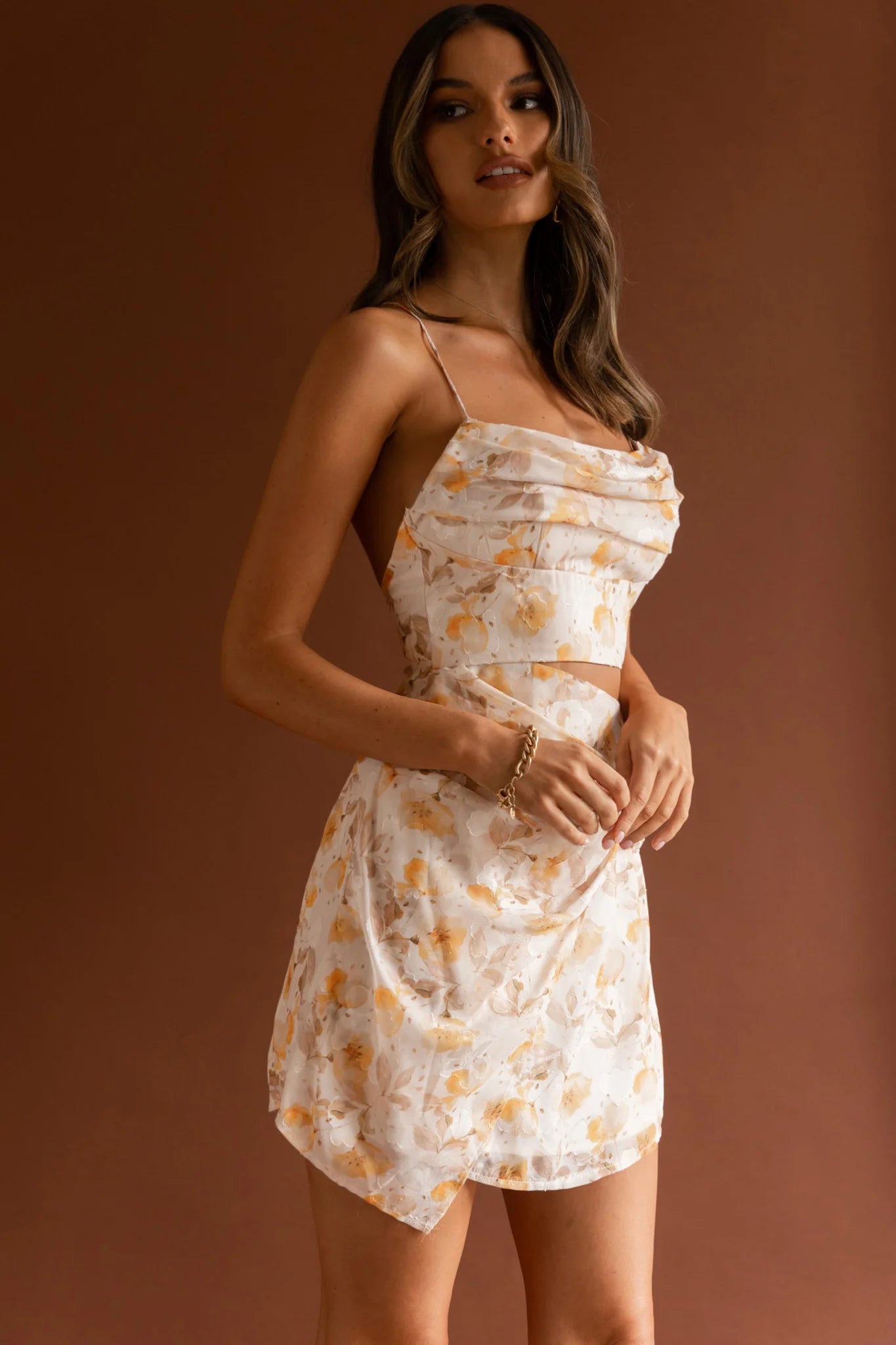 Miami Nights Cowl Neckline Twist Feature Mini Dress Floral Orange