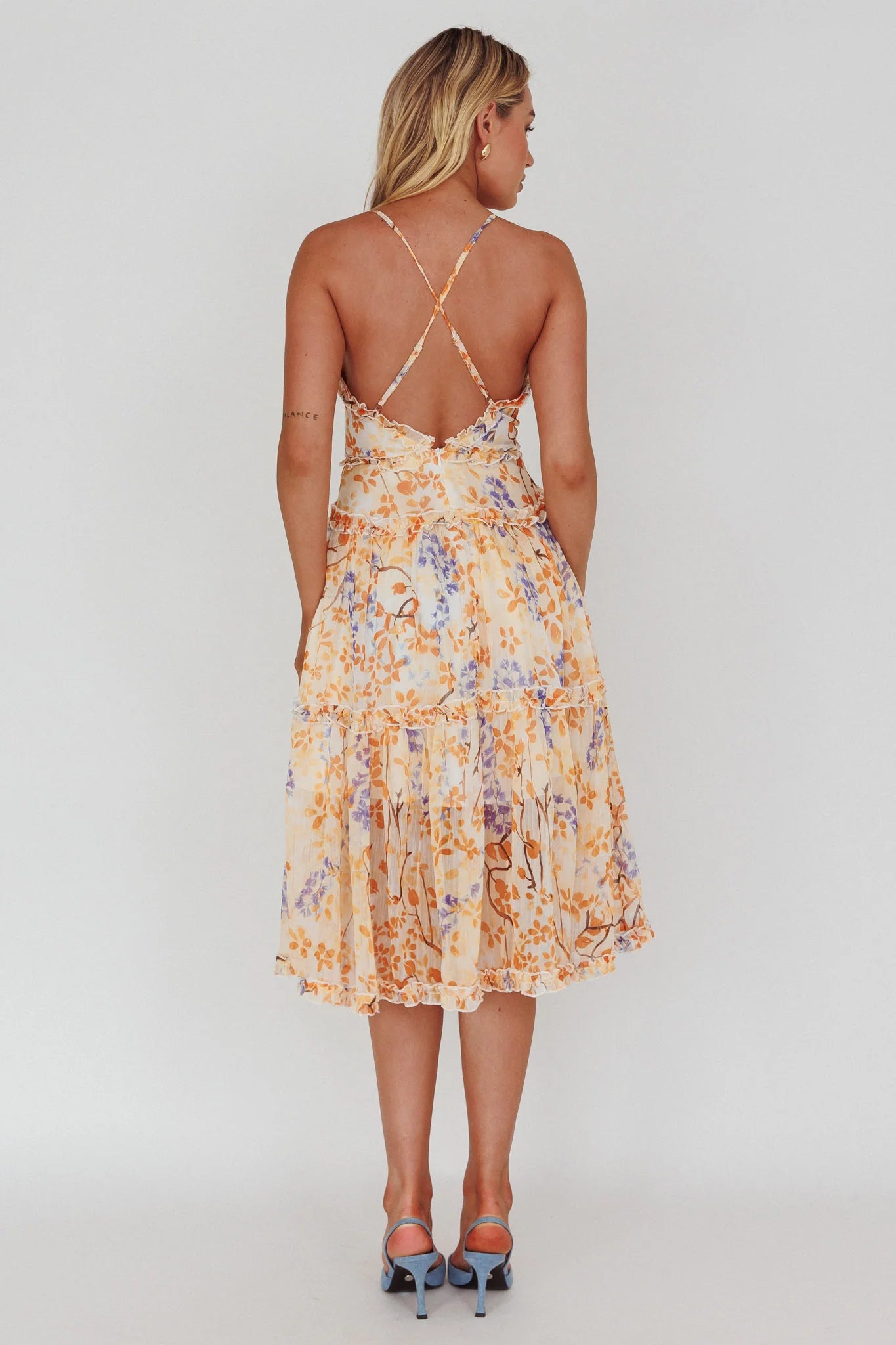 Laney Low Back Cami Strap Midi Dress Floral Orange