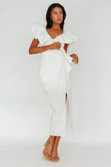 Kahlo Ruffle Neckline Wrap Midi Dress White