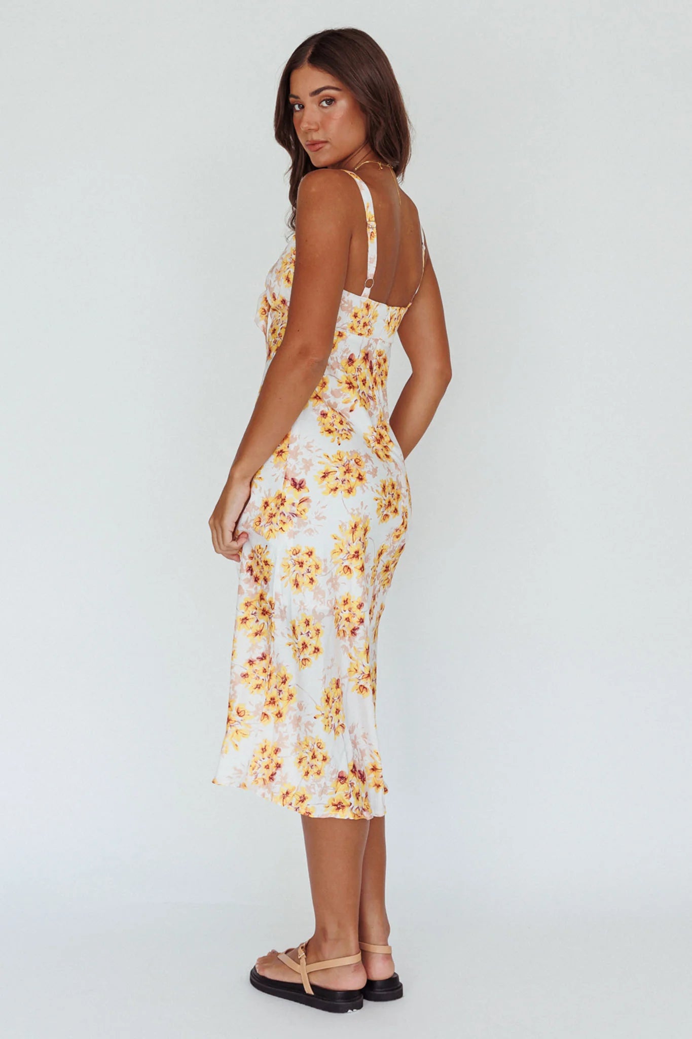 Starry Night Bust-Tie Midi Dress Floral Yellow
