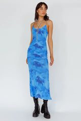 Gypsy Garden Laced Bodice Ruched Midi Dress Blue