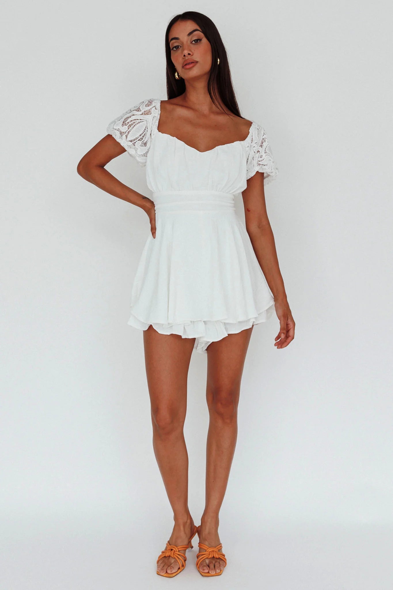 Lianah Lace Sleeve Tied Back Romper White