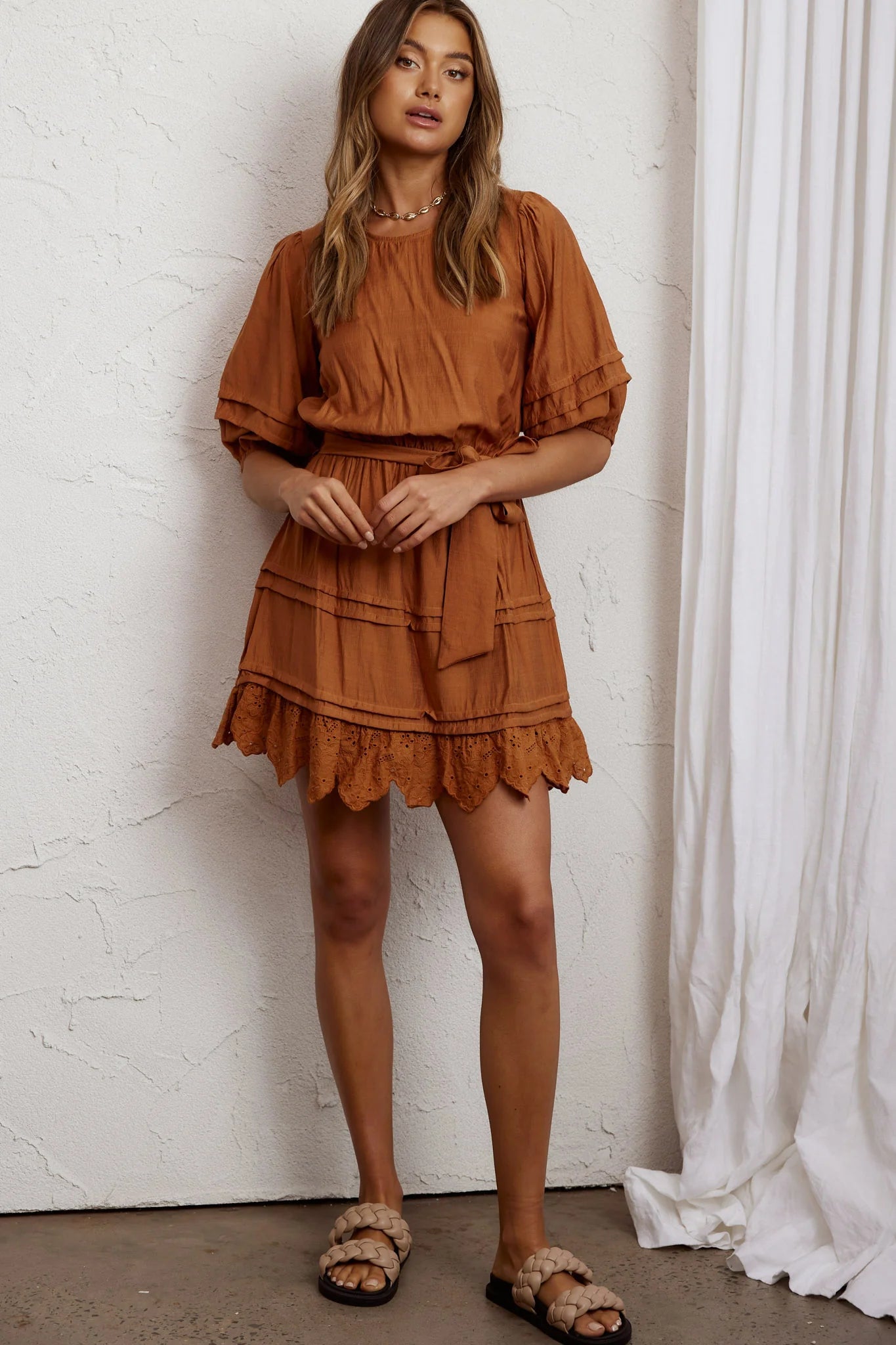 Laiken Waist Tie Pintuck Dress Tan