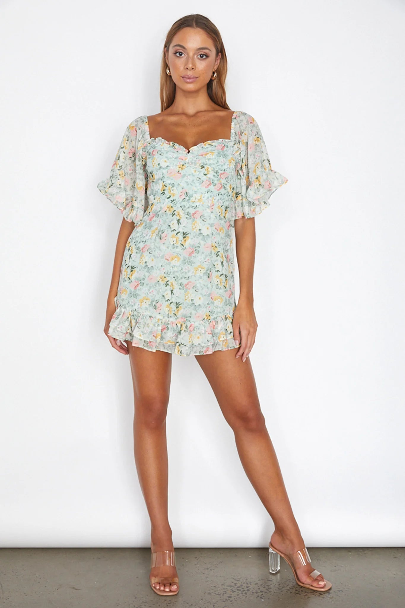 Elorah Frill Trim Mini Dress Floral Green