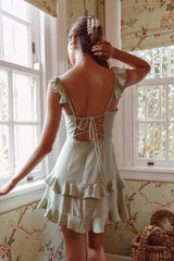 Moonlit Moment Ruffle Trim Piping Detail Lace-Up Back Dress Sage