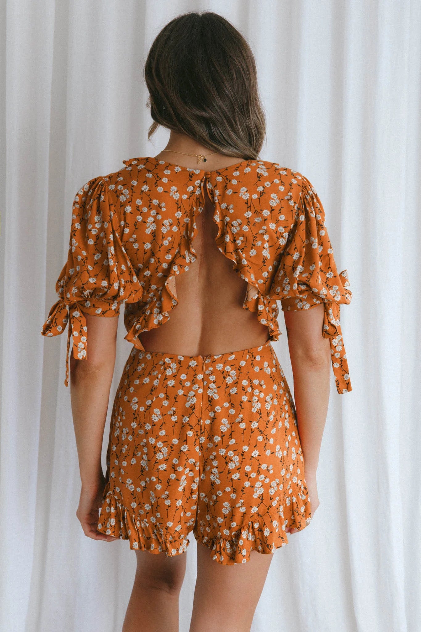 Francine Short Sleeve Tied Bust Romper Floral Orange
