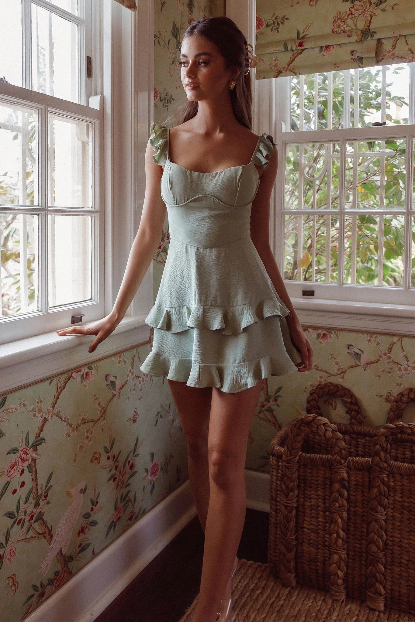 Moonlit Moment Ruffle Trim Piping Detail Lace-Up Back Dress Sage