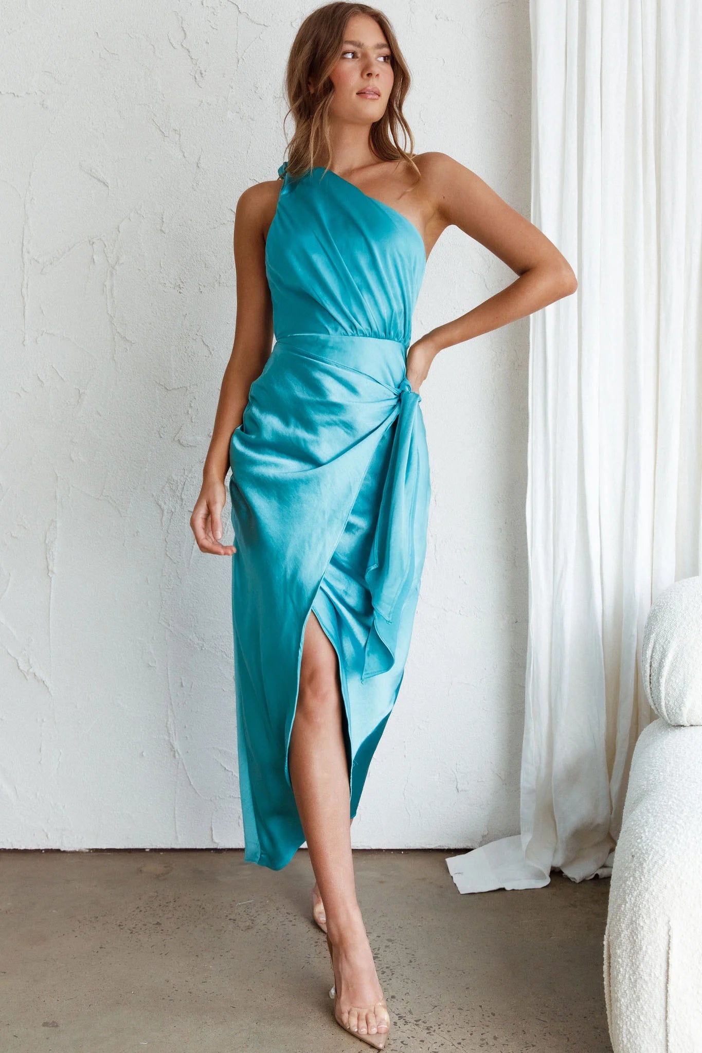 Island Time One-Shoulder Midi Dress Satin Aqua