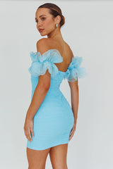 Star Dust Off-Shoulder Frill Sleeve Mini Dress Baby Blue