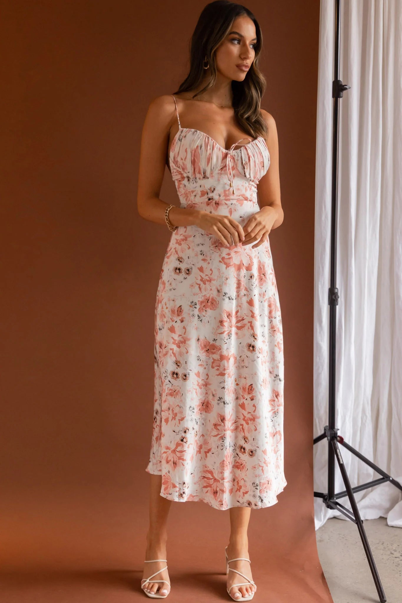 Malibu Gathered Bust Cami Strap Midi Dress Floral Pink