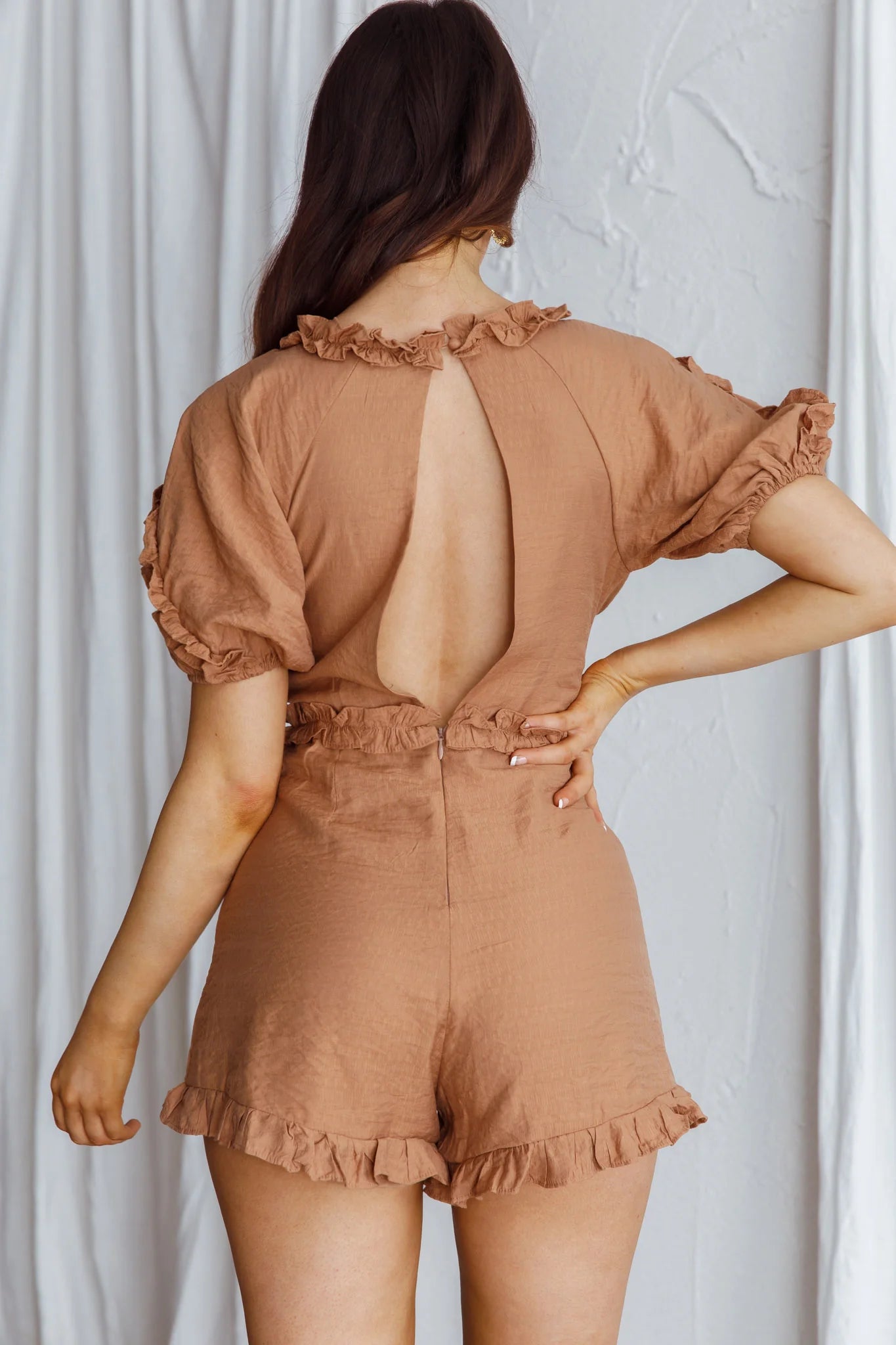Galatia Frill Trim Puff Sleeve Romper Tan