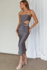 Glisten Cut-Out Buckle Waist Midi Dress Silver